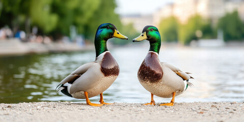 Obraz premium Ducks standing by peaceful river, showcasing vibrant colors and calm surroundings