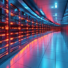 Digital information flows through the network and data servers behind glass panels in the server room of a data center or Internet service provider