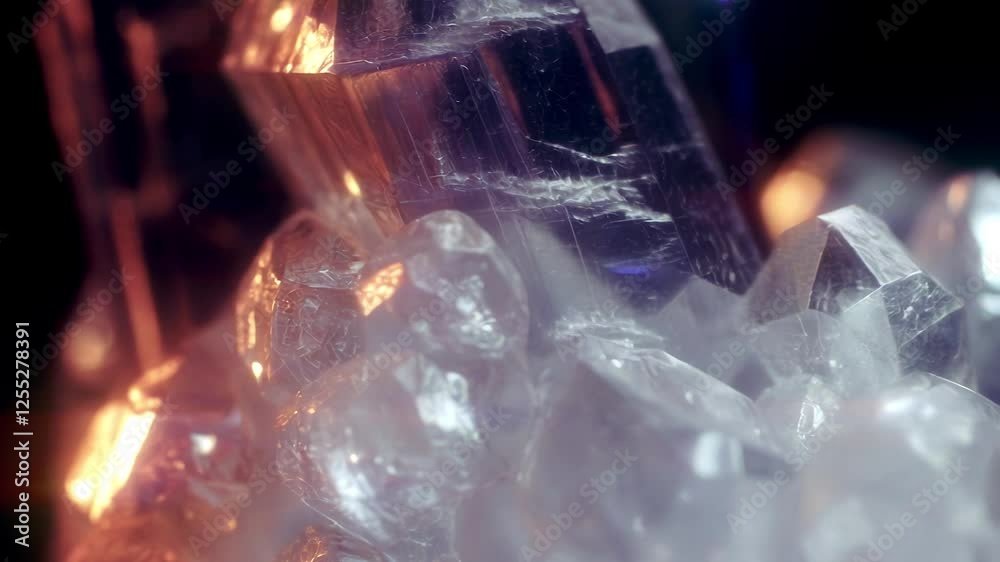 Poster Digital animation of crystals with an icy transparent texture that gently shimmer with blue reflections and golden glow. Light transitions create a sense of floating motion