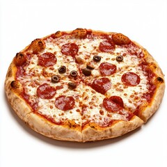 A delicious pepperoni pizza with a crispy crust and melted cheese, topped with olives for an added flavor.
