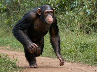 Playful Family of Three Chimpanzees Running in Vibrant Jungle Habitat
