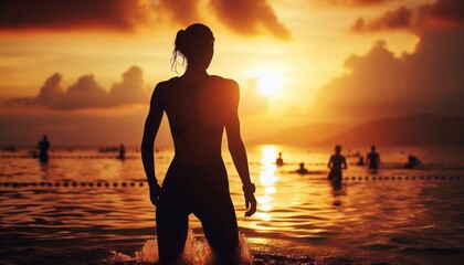 Silhouette of a female athlete before entering the sea during a triathlon competition