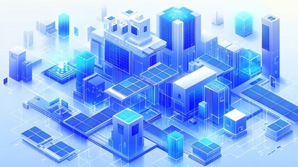 Obraz premium Isometric illustration of energy storage, wind power, and solar photovoltaic plants, depicting renewable energy and sustainable technology.