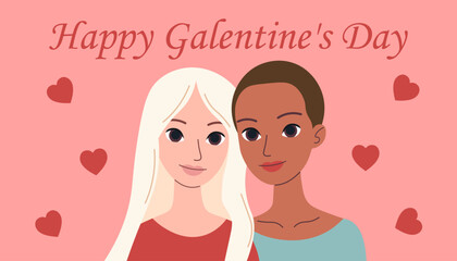 Happy Galentines day. vector card or banner. Two women.