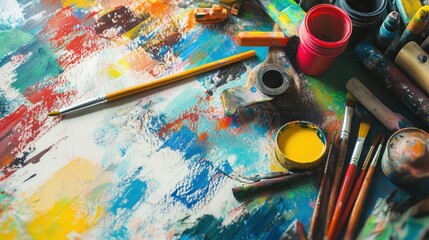 Fototapeta premium Artist's Palette: A Vibrant Display of Painting Supplies and Colors