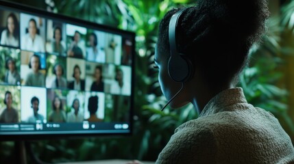 Virtual meeting session with diverse team members connected online, person using headset in home office, digital communication and remote collaboration technology.