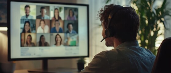 Virtual meeting with diverse team on video call for remote collaboration, brainstorming, and project planning in a modern workspace. Digital communication tools in use.