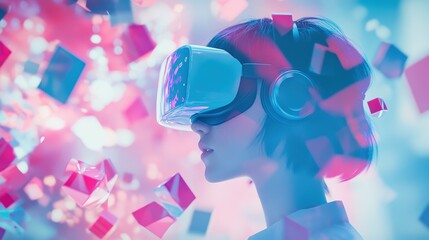 Virtual reality experience with user immersed in digital world, exploring data visualization and interactive technology, enhancing learning and gaming enjoyment.