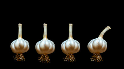 Four isolated garlic bulbs with roots on a black background