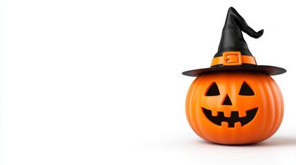 Orange Pumpkin With Black Witch Hat On White Background
