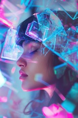 Virtual reality technology, modern art and creative expression with a woman immersed in colorful graphics, futuristic design and digital experiences in 3D space.