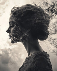 Fototapeta premium A mysterious woman with her face in motion blur, double exposure photography, black and white photography, dark art style, high contrast, blurry details, shadows, soft lighting, emotional expression, 
