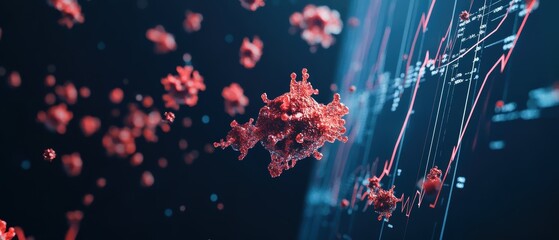 Virus models interacting with digital graphs, representing data analysis in healthcare, scientific research, and pandemic monitoring for effective vaccine distribution.