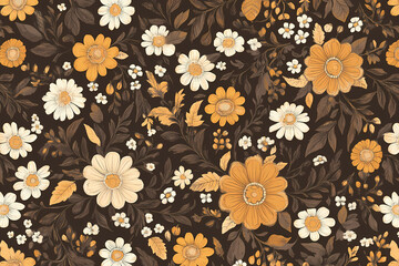 Vintage floral pattern with roses, daisies, and leaves on a dark background. Vintage retro wallpaper design for textile print, fabric, cover, or surface texture