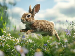 Fototapeta premium Cute Rabbit Jumping Through a Meadow of Wildflowers on a Sunny Day
