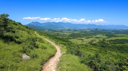 Panoramic View Of A Dirt Path Through Lush Green Hills