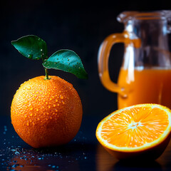 Fresh orange with dew and juice