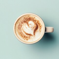 Heart latte art, pastel blue background, cafe, morning coffee