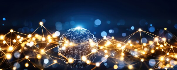 Naklejka premium Global Network Connection Digital Sphere with Binary Code and Illuminated Nodes