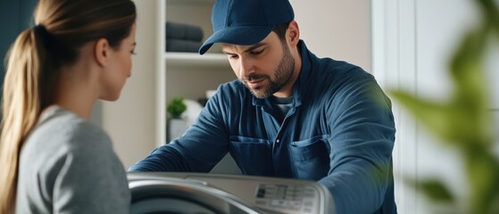 Washing machine installation service with technician assisting customer at home. Domestic appliance setup, customer support, and home improvement solutions shown.