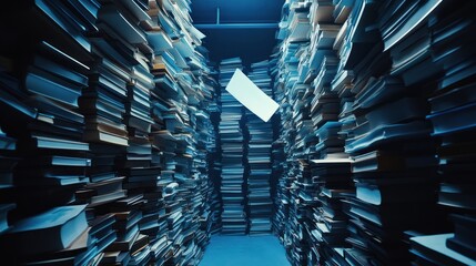 Lost in the Labyrinth of Knowledge: Endless Stacks of Books in Dim Light