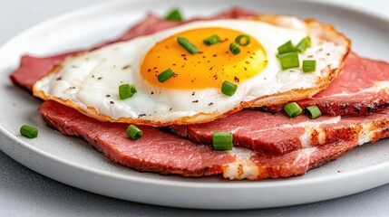 Sunny-side up egg on smoked meat breakfast
