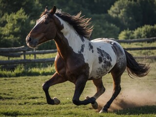 Obraz premium Majestic Brown Spotted Stallion Running Freely in Pasture Landscape