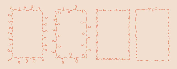 Set doodle hand drawn frames with wavy lines and bow.. Minimalist simple line art. Trendy retro vintage shabby chic whimsical borders for wedding invitations, birthday card, prints. Vector
