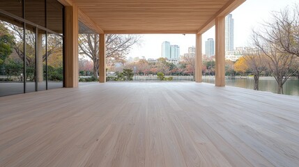 Fototapeta premium Modern wooden deck overlooking park and city