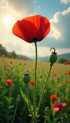 Mature opium poppy plant in a landscape with sun and clouds, nature, papaver somniferum