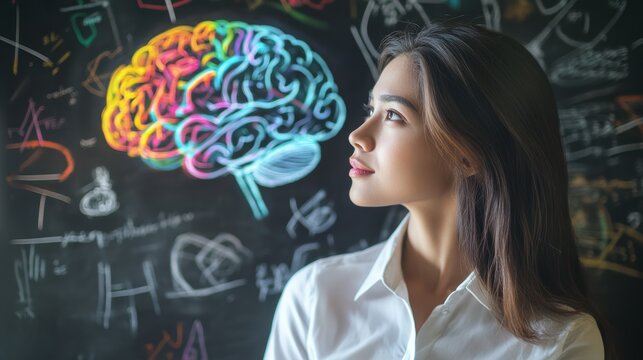 Woman contemplating innovative ideas with brain illustration on chalkboard, representing creativity, intelligence, and problem-solving in education or career growth. - Powered by Adobe