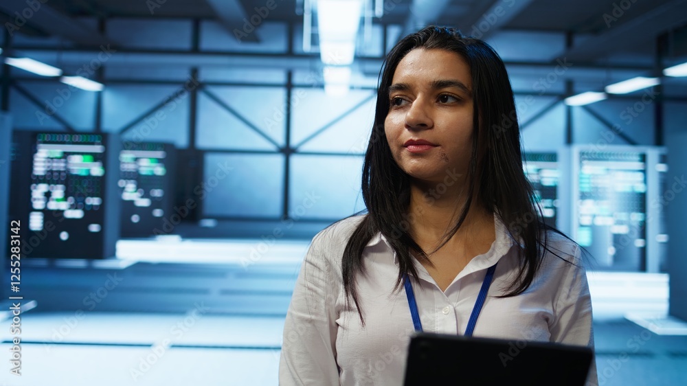 Poster engineer in high tech data center managing and maintaining databases, ensuring data integrity, secur