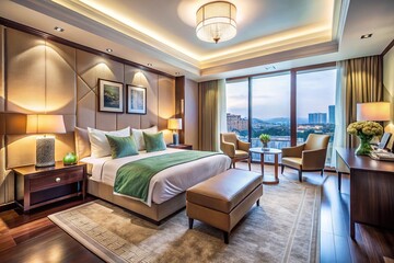 Naklejka premium Enchanting Hotel Room Oasis: A Symphony of Serene Hues and Captivating Ambiance