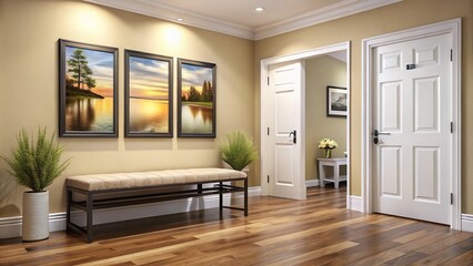 Entryway With Textured Bench And Black And Cream Pictures
