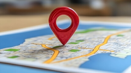Red pin on city map, office background, GPS