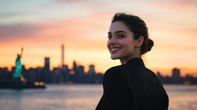 Woman enjoying sunset view of skyline with Statue of Liberty in background. Urban exploration, travel, and cityscape photography capturing joyful moments and serenity.