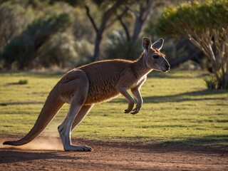Kangaroo Hopping in Scenic Australian Landscape at Sunset
