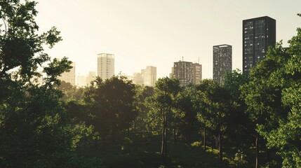 Obraz premium Urban Serenity: Cityscape View through Lush Green Trees and Sunlight