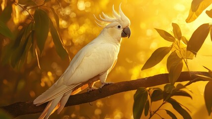 Majestic White Cockatoo Perched on Branch at Golden Hour Sunrise