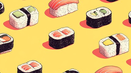 Artistic sushi vector with assorted sushi rolls, top view presentation, perfect for packaging, menu layouts, and food promotions, hand-drawn book illustration style