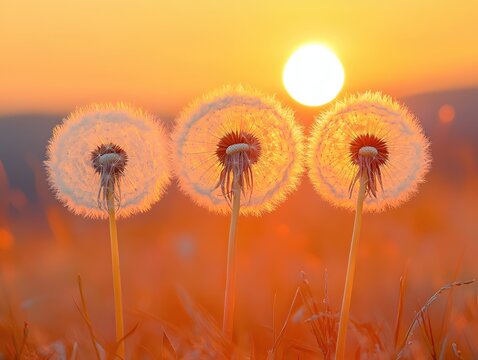 Three dandelions stand tall against a vibrant sunset casting a warm golden glow on the landscape