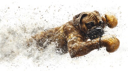 A boxer dog poised to punch with front paws in the air, glowing white background adding clarity, soft spotlight emphasizing the dog focused eyes and strong stance, realistic and highly detailed fur
