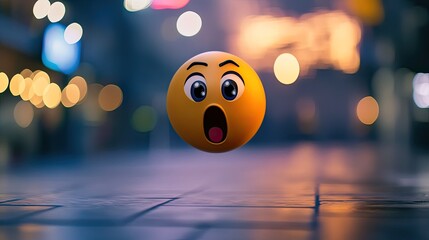 Surprised Emoji Floating in a Dreamy Urban Nightscape