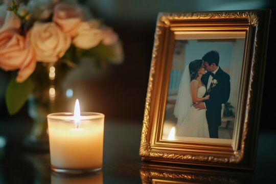 Candlelight moment beside a cherished memory in a warm setting. Generative AI