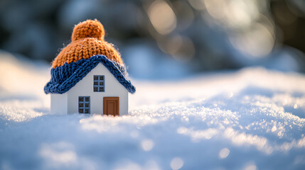 Naklejka premium A small house wearing a winter hat placed on snow, a miniature model of a building in a knitted-style hat, a snowy landscape, a winter background, warm colors, a cozy atmosphere, high-resolution 