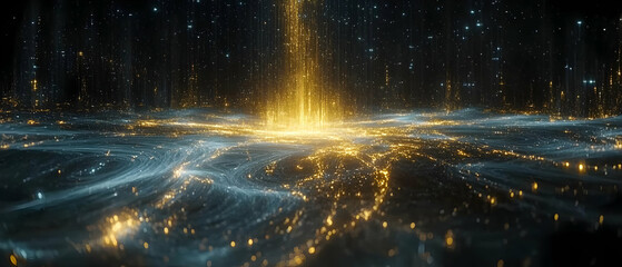 Golden energy descends, cosmic backdrop