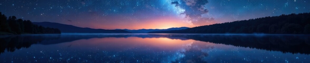 Fototapeta premium Reflections of stars in still waters of Biscarosse lake, stars, shine