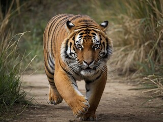 Obraz premium Majestic Tiger Running in Natural Habitat: A Stunning Display of Graceful Movement and Fierce Beauty in Wildlife Conservation