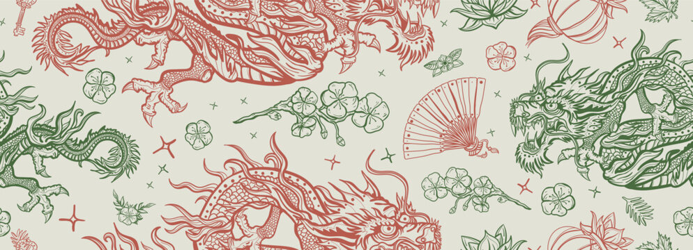 Chinese dragons seamless pattern. Ancient China history and culture. Asian travel background. Oriental art. Flying snakes and lotus flowers.