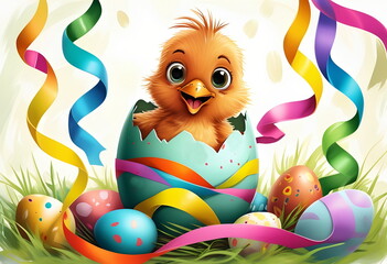 Naklejka premium A cheerful chick hatching from a colorful Easter egg surrounded by festive decorations and eggs